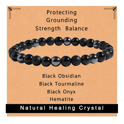 Gracayfr Black Tourmaline Bracelet Empath Protection Obsidian Onyx Triple Natural Stone Healing Crystals Spiritual Gemstone Stretch Bead Hematite