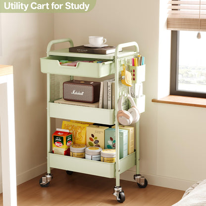 3 Tier Metal Rolling Utility Cart with Drawer & Pegboard - Multifunctional Storage Cart on Wheels with Tabletop, Hooks & Basket, Sturdy Craft & Art Cart for Bathroom, Bedroom, Children Room, Green