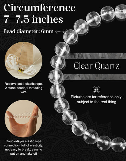 Landorilo Beaded Bracelet for Men Women, 6mm Natural Stone Clear Quartz Healing Crystal Stretch Bracelets, Ideal Christmas Birthday Jewelry Gifts with Energy Card，Replacement Beads Included