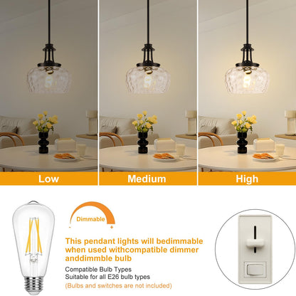 Modern Pendant Lights Kitchen Island, Matte Black Pendant Light Fixtures with 10" Clear Hammered Glass Shade, Industrial Hanging Pendant Lights Fixture for Kitchen Island Dining Room Bedroom Entryway