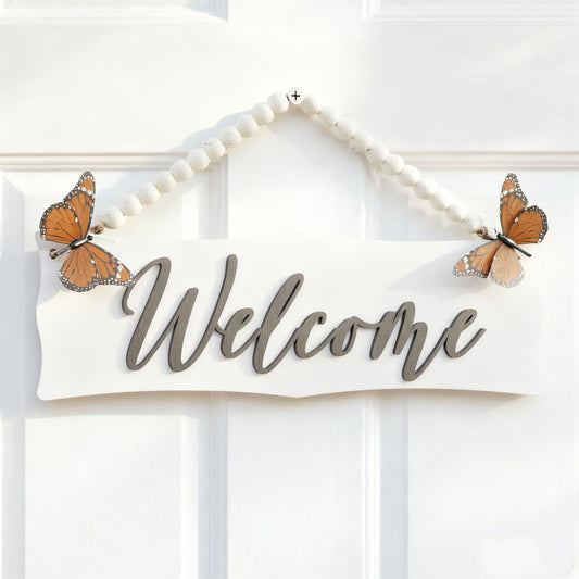 AquaChase Wooden Welcome Sign for Front Door with Vivid Butterflies and Wood Beads String, 13"x3.6" Rustic Indoor Outdoor Hanging Wall Decor, Farmhouse Wreath for Porch, White