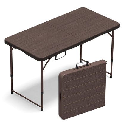 VSOAEIL Folding Table 4 Foot for Indoor Outdoor, Portable Heavy Duty Fold-in-Half Utility Small Plastic Adjustable Height Folding with Carrying Handle for Picnic Camping and Party, Brown