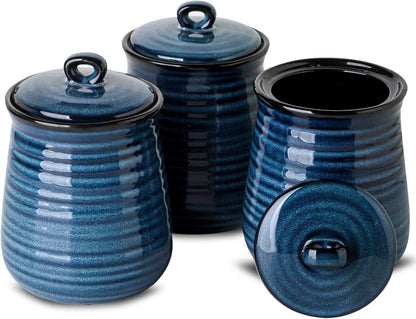 Tikooere Ceramic Food Storage Jars,25 Oz Porcelain Kitchen Canisters with Airtight Lids Set of 3,Flour Containers for Countertop,Farmhouse Decor Serving Ground Coffee,Tea,Sugar,Pasta and Rice,Blue