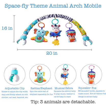 Baby Stroller Arch Mobile With Universal Clamps - Clip-On Activity Bar for Bassinet, Bouncer, Crib, Car Seat - Musical Infant Toys With Elephant Squeaker and Zebra Rattle