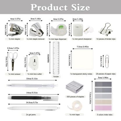 Mini Office Supply Kit, Mini Stapler with Staples and Tape Dispenser Set, Mini Stationary Kit Includes Sticky Notes Index Tabs Gel Pens for Office & School (Transparent)