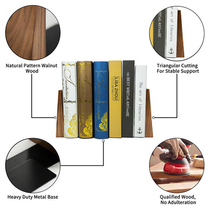 Luxdecor Walnut Book Ends Hold Heavy Books-6x5x4in Wood Bookends for Office Desk Non Skid, Decorative Walnut Bookend 2pack, Triangle Style