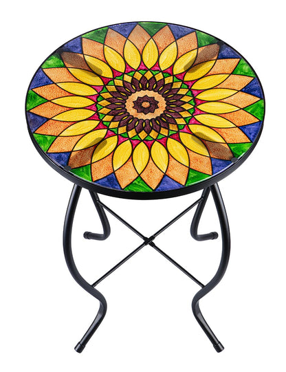 VCUTEKA Sunflower Outdoor Side Table, Mosaic Design, Small Glass Top, Round, Patio Side Table, Balcony Coffee Table, Indoor, 14 inches, Yellow