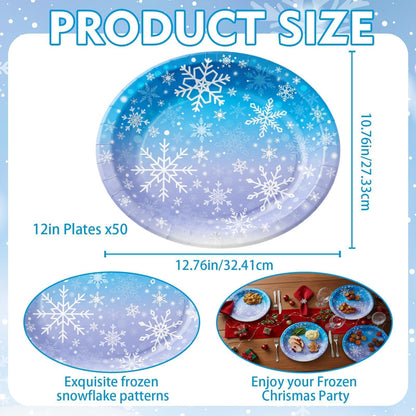 OuMuaMua 50Pcs Large Christmas Paper Plates, 12" Large Purple Blue Snowflake Dinner Plates Heavy Duty Disposable Dinnerware Set for Xmas Winter Wonderland Holiday Party Supplies Kitchen Table Decor