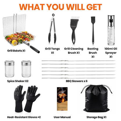 Clheatky 16 PCS Stainless Steel Grill Basket Set, Complete BBQ Grill Accessories for Shrimp, Vegetables & Fish, Portable Grill Basket with Oil Sprayer, Ideal Grilling Gifts for Men Dad Husband