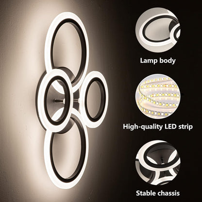 Shine LUEST 34W Modern LED Ceiling Light, 3000K-6000K Dimmable Ceiling Lighting Fixtures Ceiling Mount 4 Rings Black LED Chandelier Bedroom Lights Flush Mount with Remote for Kitchen, 2720LM