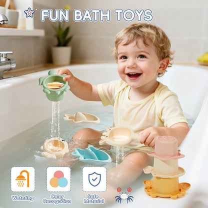Baby Bath Toys, 21PCS | Easy Clean & Mold Free Bath Toys for Babies 6-12 Months | Educational Shape-Sorting Lid & Baby Stacking Cups | Tub Water Pool Beach Toy for Baby Gift with Portable Storage Bin