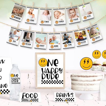 One Happy Dude Baby First Birthday Photo Banner for Newborn to 12 Months Photograph Bunting 1st Birthday Photo Display Garland for Boys Monthly Milestone Party Decor