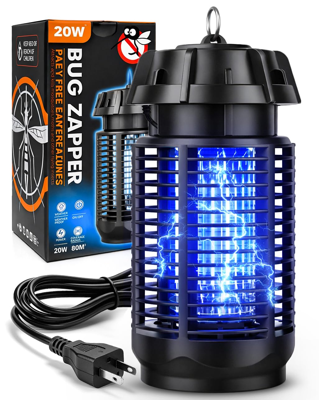 Bug Zapper Outdoor & Indoor 4200V Electric Mosquito Zapper - Waterproof Bug Repellent 365nm UV Light, 20W Fly Zapper for Home Patio Yard Camping, One-Button Easy Operation