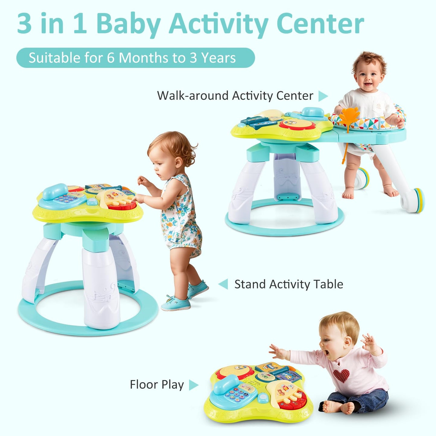 INFANS 3 in 1 Walk Around Baby Activity Center, Baby Walker with Play Table, Wheels, Detachable Seat Cushion, 3 Adjustable Heights, Learning Toys for Boys Girls Aged 6-36 Months (Green)