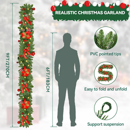 Christmas Garland with Lights 9FT Timer Prelit Garland Battery Operated Outdoor Indoor Christmas Decorations 30 LEDs Lighted Garland for Stairs Railing Fireplace Mantle Front Door Home Holiday Decor