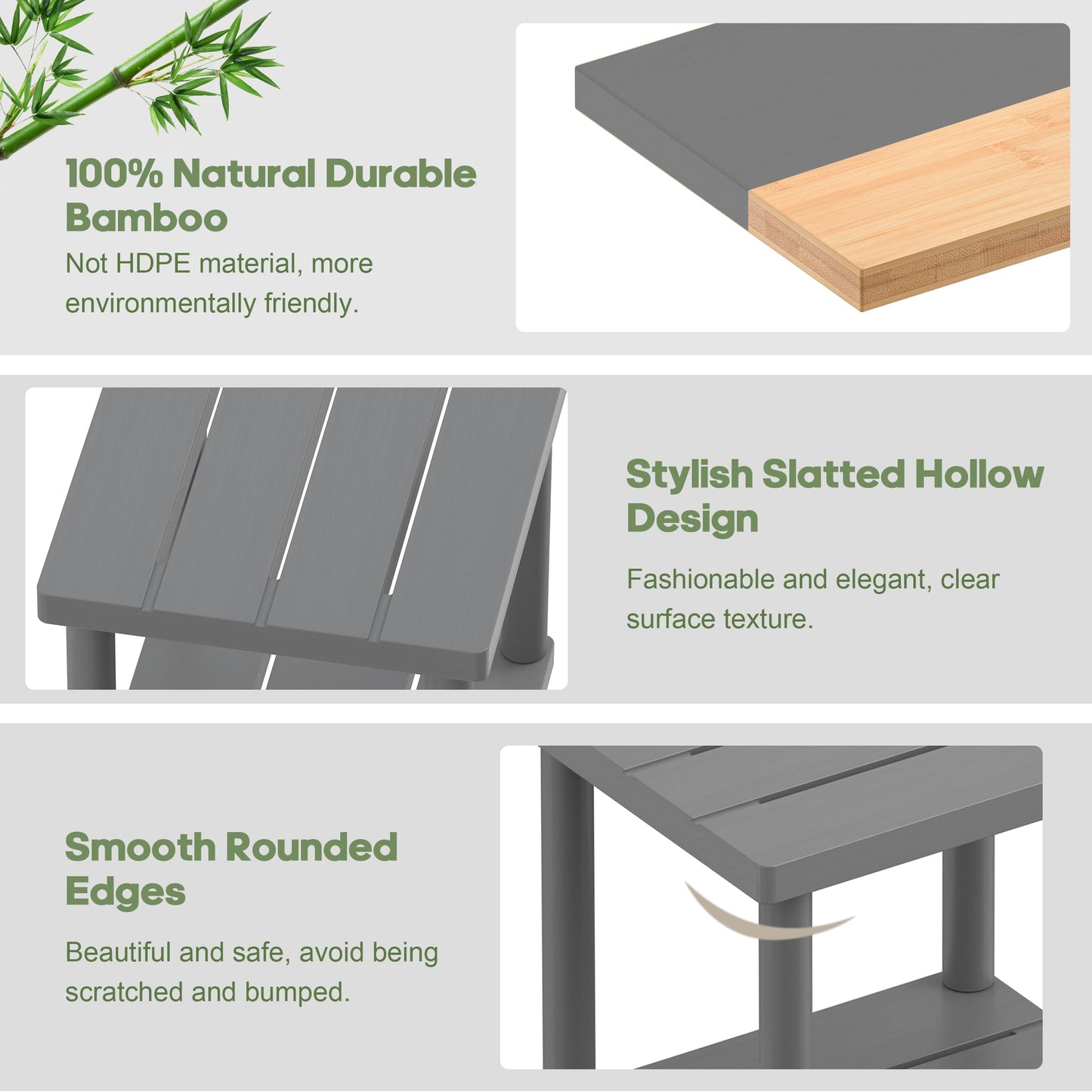 LEJANEOYE Outdoor Side Table, 2-Tier Small Outdoor Table for Patio, Adirondack Side Tables for Outside or Indoor, Bamboo End Table for Pool, Porch, Weather Resistant Easy Maintenance-Gray