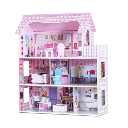 Honey Joy 3-Level Wooden Dollhouse with 8 Pcs Furniture, Pretend Play Kids Doll's House, Princess Mini Toy Playset, Gift for Little Girls (Pink, 2.5FT)