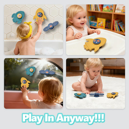 Silicone Suction Cup Spinner Toy for Babies&Toddlers – Food-Grade Safe & Fun Sensory Toy for Teething & Play – Perfect Baby Bath, High Chair & Travel Toy (Yellow+Green+Blue-Space)