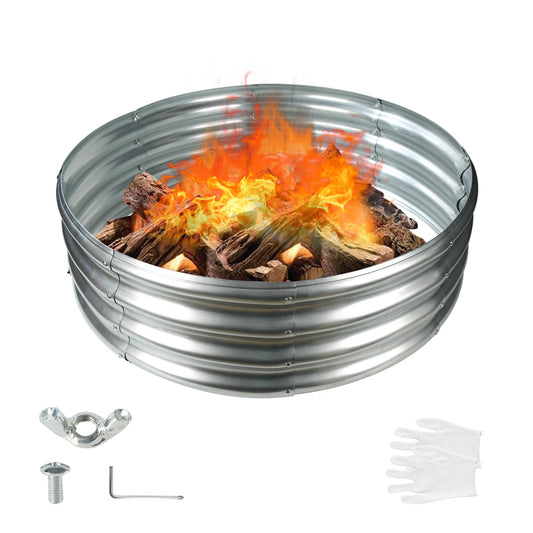 YSEJOMP 36 Inch Round Galvanized Fire Pit Ring/Fire Ring - Foldable and Perfect for Outdoor Gatherings and Campfires in the Yard/Garden/Park/Beach (3 FT Diameter, Silver)