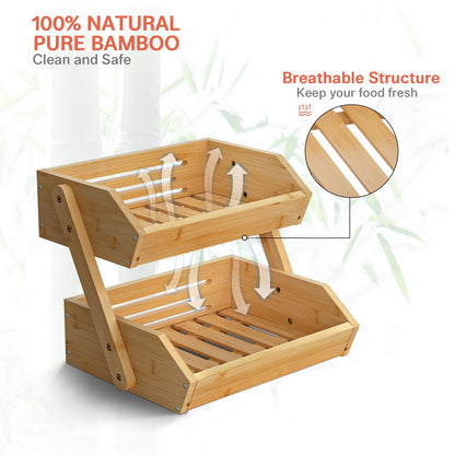 G.a HOMEFAVOR Large Bamboo Fruit Basket, 2-Tier Fruit Bowl for Kitchen Counter, Vegetable Storage Stand for Fruit Shop, 15 mm Thickness (Self-assembly)