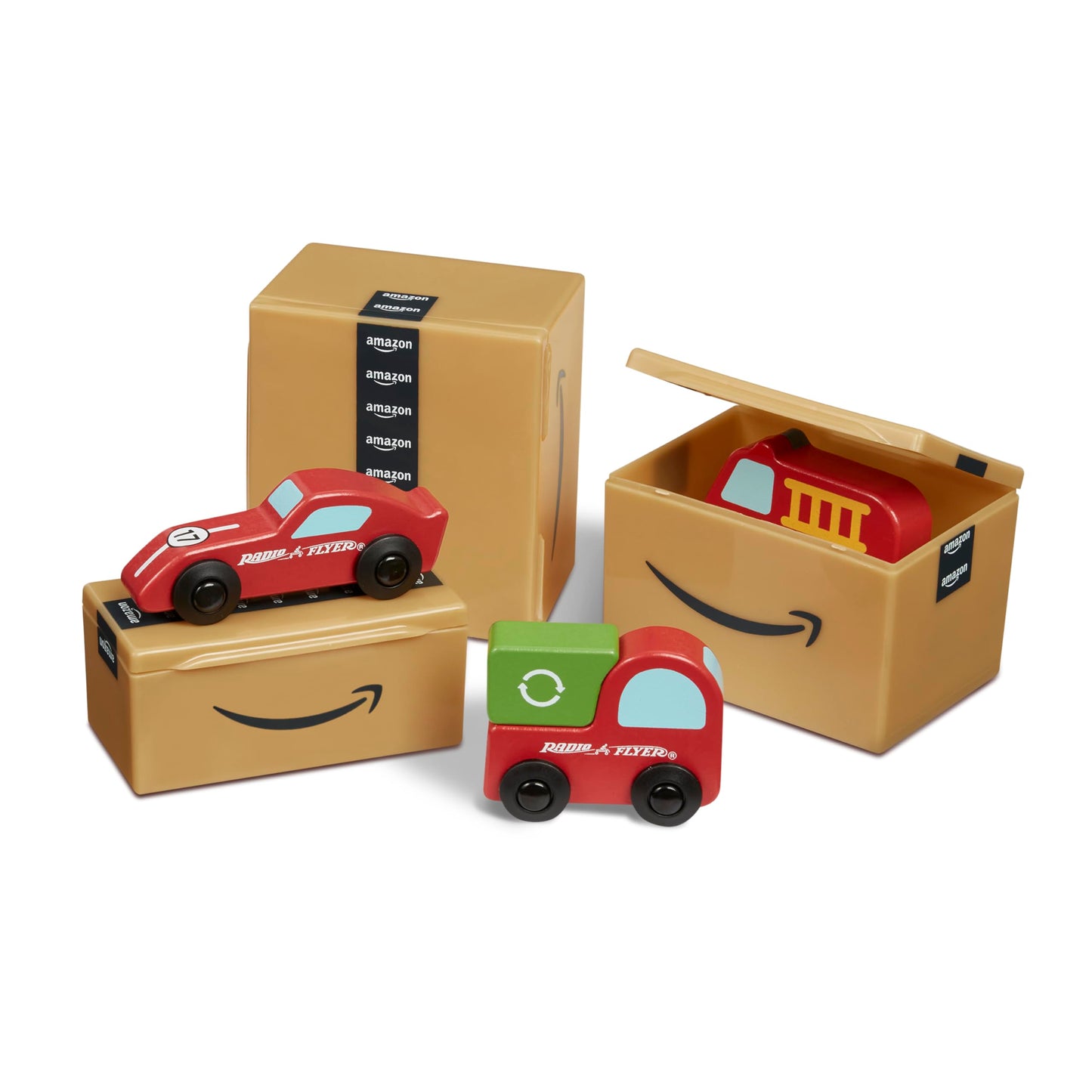 Radio Flyer Amazon Delivery Van, For Ages 2+, Ride and Deliver Truck for Kids, Under Seat Storage, Stationary Handle, Ergonomic Seat, Includes 3 Mini Amazon Boxes & 3 Wooden Toys, Toddler Ride On Toys