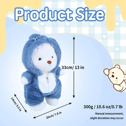 Teddy Bear Stuffed Animals, Teddy Bear Plushies Soft Funny Stuffed Toys with Removable Blue Shark Clothes, 13'' Emotional Support Cute Plush Figure Toys with Movable Legs for Toodlers Kids Women