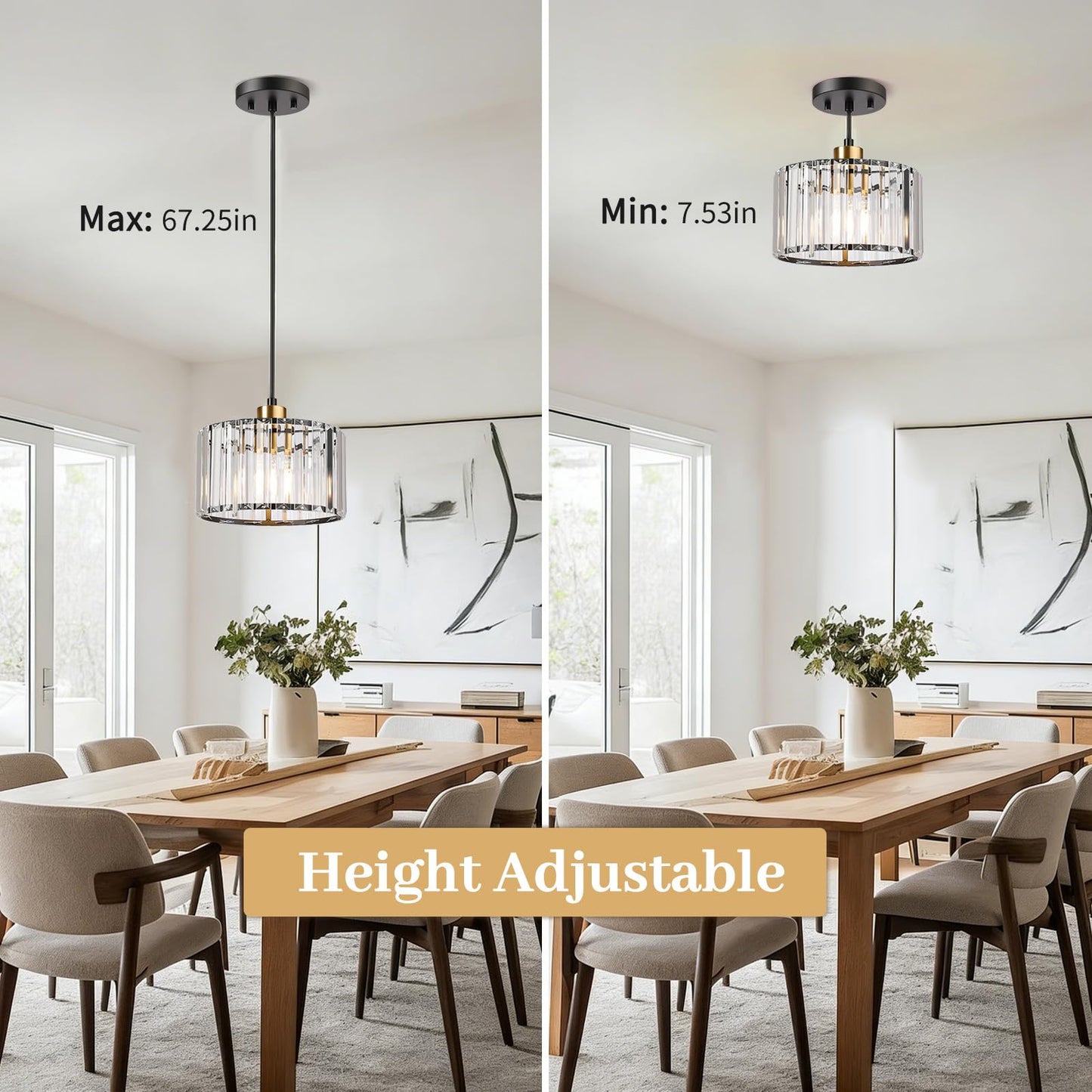 TALOYA Pendant Lights Kitchen Island Black and Gold, Crystal Pendant Light Modern for Dining Room, Height Adjustable Chandelier Hanging Island Light Fixtures for Kitchen Hallway(Bulb Not Included)