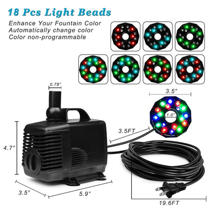 DOMICA 45W 792 GPH LED Pond Pump with Fountain Kit (3000L/H), Submersible Garden Water Fountain Pump, for Waterfall, Hydroponics, Aquariums, Fish Tanks, Indoor Outdoor