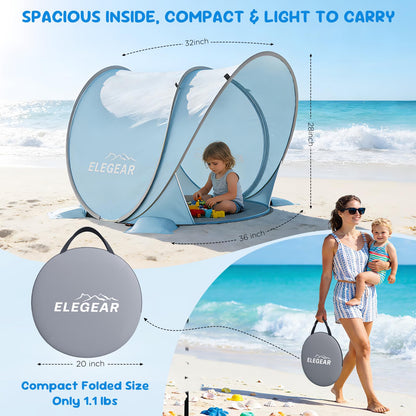 Elegear Pop Up Baby Beach Tent with Mini Canopy, CumbreX™ UPF 50+ UV Protection Baby Tent Sun Shelter, 1S Setup Portable Baby Beach Essentials Shade for Infant Toddler Outdoor Indoor Play - Blue