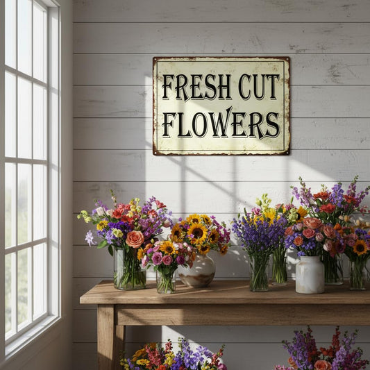 Vintage Fresh Cut Flowers Metal Sign 8x12 Inch – Rustic Farmhouse Wall Decor for Kitchen, Garden, Porch, Flower Shop – Retro Floral Tin Sign Gift for Home Decor Lovers