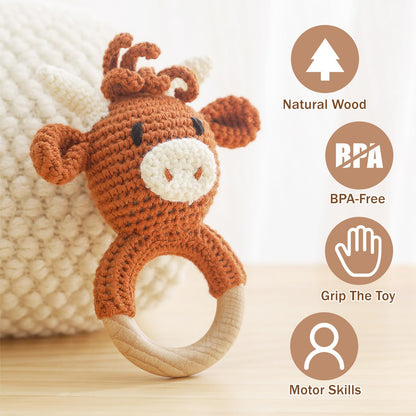 Wooden Baby Rattle, Crochet Cow Rattle, Newborn Wooden Animal Rattle Toy, Infant Rattle Toys