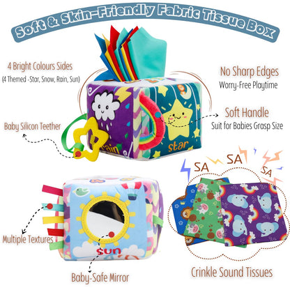 Vamotto Tissue Box Toy for Baby, Montessori Sensory Pull Toy with 12 Durable Cloth Scarves & Crinkle Paper for 6-12 Months Infants, Early Learning Educational Motor Skills Development Gift