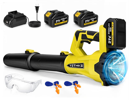 Leaf Blower Cordless, 21V Powerful Electric Blower with 2*4.0Ah Batteries & 1*Fast Charger, 6 Speed Modes, Handheld Lightweight Leaf Blowers for Lawn/Patio/Dust/Leaves, Gift Goggles & Earplugs-Yellow