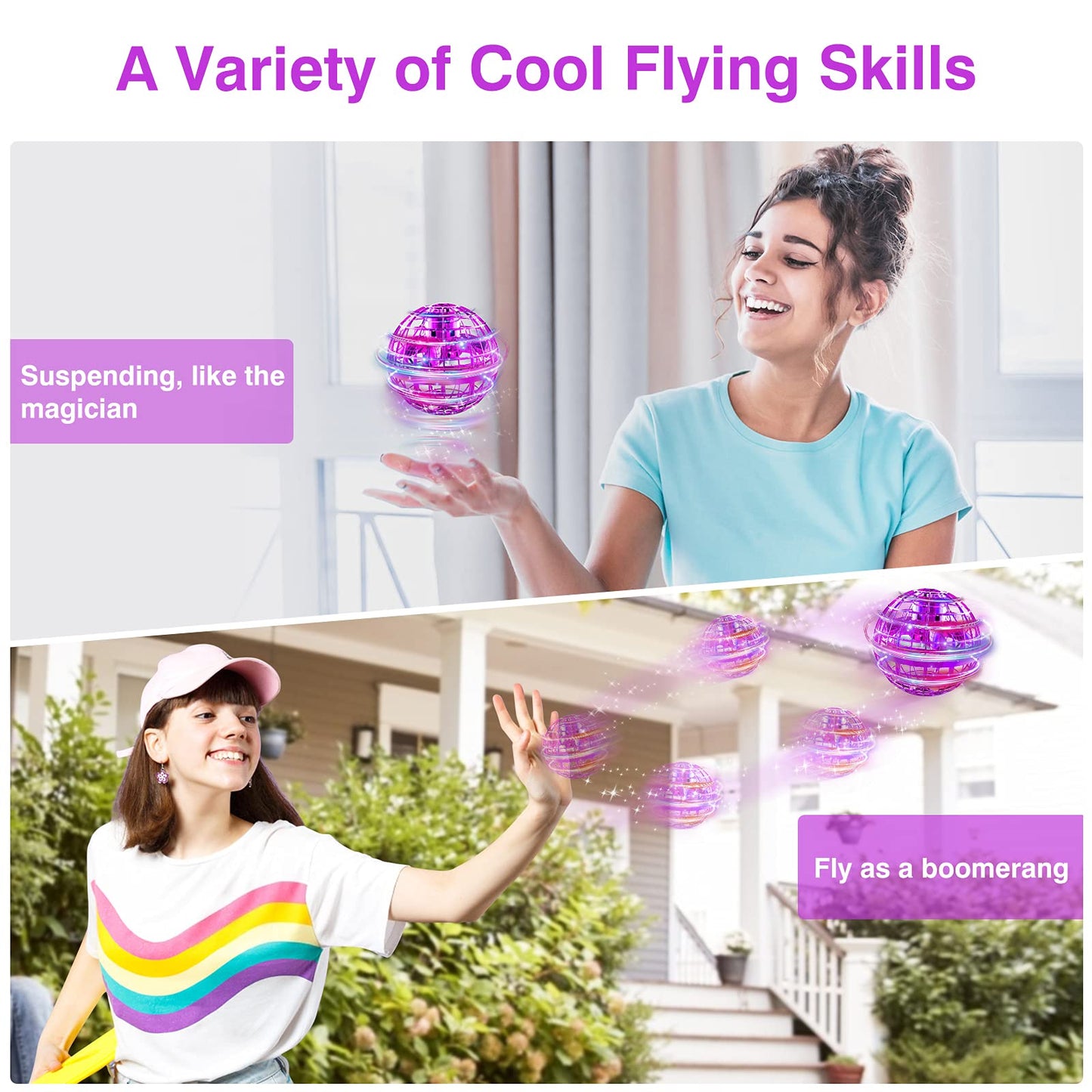 Ciniffo Flying Orb Ball Toy 2025 – Light Up Hand Controlled Boomerang Spinner Mini Drone Toy, Hover Cosmic Globe Ball, Cool Christmas & Birthday Gift for Girls Boys Teens Ages 6+ (Purple)