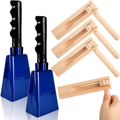 6 Pcs 9 Inch Cowbell Noise Makers Set 4 Wooden Spinning Rattle Ratchet Mexican Matraca 2 Steel Cowbell with Handle for Sporting Events Football Game Musical Percussion Instrument (Color Style 2)