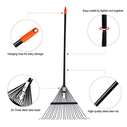 LA ZINNIA Rake for Leaves,22.8" Wide Gardening Leaf Rake for Lawns,22 Metal Tines with 33-67" Adjustable Handle Rakes for Lawns Yard Grass Flower Beds