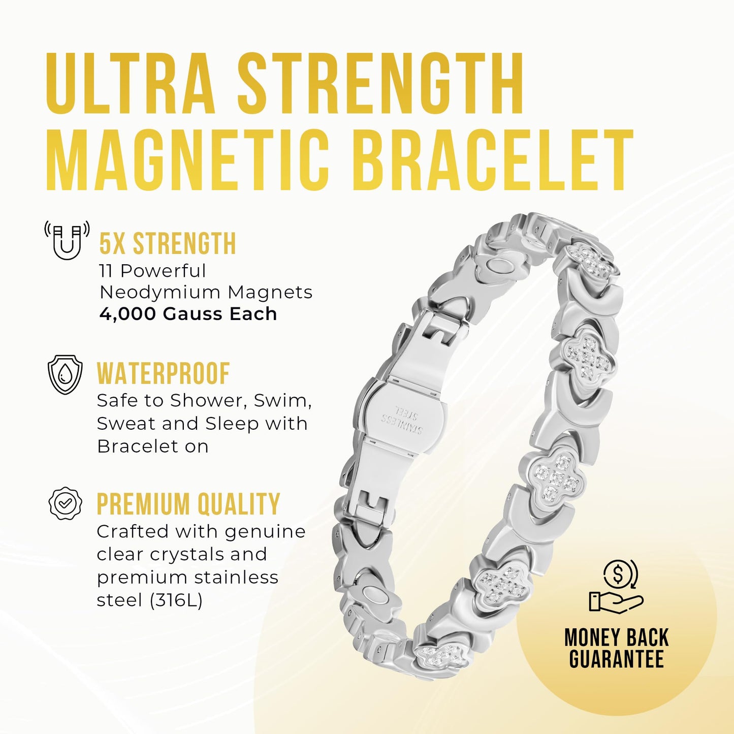 MagnetRX® Magnetic Bracelets for Women — Premium Four Leaf Clover Bracelet with Crystals and Ultra Strength Magnets — Adjustable Womens Magnetic Bracelet with Sizing Tool (Silver)