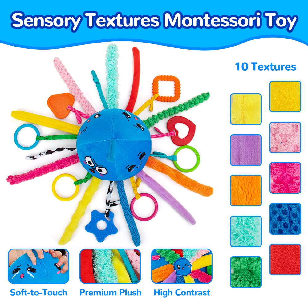 teytoy Sensory Toy, Texture Toys for Babies with Rattle, Autism Sensory Toys Jellyfish Shape Tactile Sensory Toys with 10 Textures, Baby Sensory Toys for 0-3-6-18 Months Soft Baby Toys with Teethers