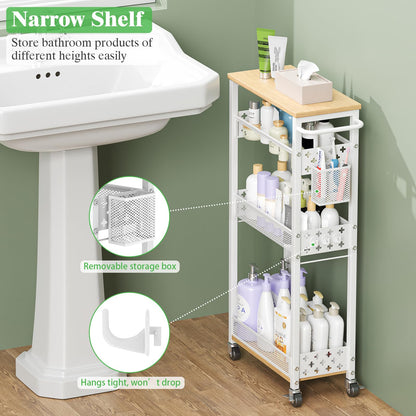 MJIMKE Slim Storage Cart with Wheels - 4 Tier Utility Narrow Rolling Cart with Wood Top, Metal Trolley for Bathroom Laundry Kitchen Organization with Handle, 7.1 inch Wide for Small Space, White