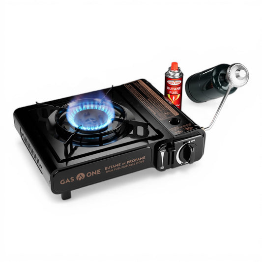 GasOne 10,000 BTU Dual Fuel Camp Stove – Butane and Propane Burner Portable Stove Camping Grill with Adjustable Heat Dial, Carry Case, Automatic Electric Ignition – Safe and Durable Construction