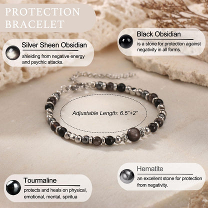 Triple Protection Bracelet for Women, Hematite Black Tourmaline Obsidian Bracelets Natural Healing Stone Empath Protection Bracelets for Women, Energy Healing Crystals Luck Wish Bracelet -(TP)