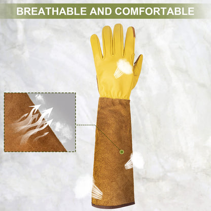 WOHEER Long Gardening Gloves for Women Thorn Proof,Rose Pruning Cowhide Leather Garden Gloves for Cactus, Rose and Blackberry, Medium (1 Pair)