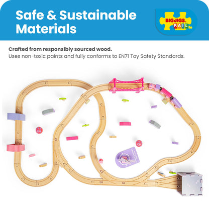 Bigjigs Rail Fairy Town Wooden Train Set | Railway Toy for Kids Age 3+ | Wood Track with Model Fairytale Village | Comes with Pink Wood Accessories & Figures | Educational Gift for Girls and Boys