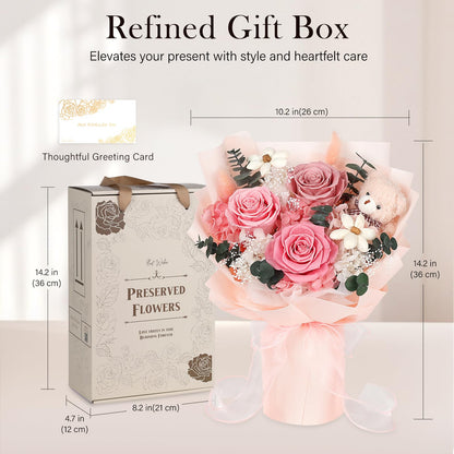 Preserved Flowers Bouquet with Bear, 3 Real Forever Flowers for Delivery, Long-Lasting Pink Eteranl Roses Bouquet, Mothers Day Gifts for Mom Grandma, Anniversary Birthday Gifts for Women Girlfriend