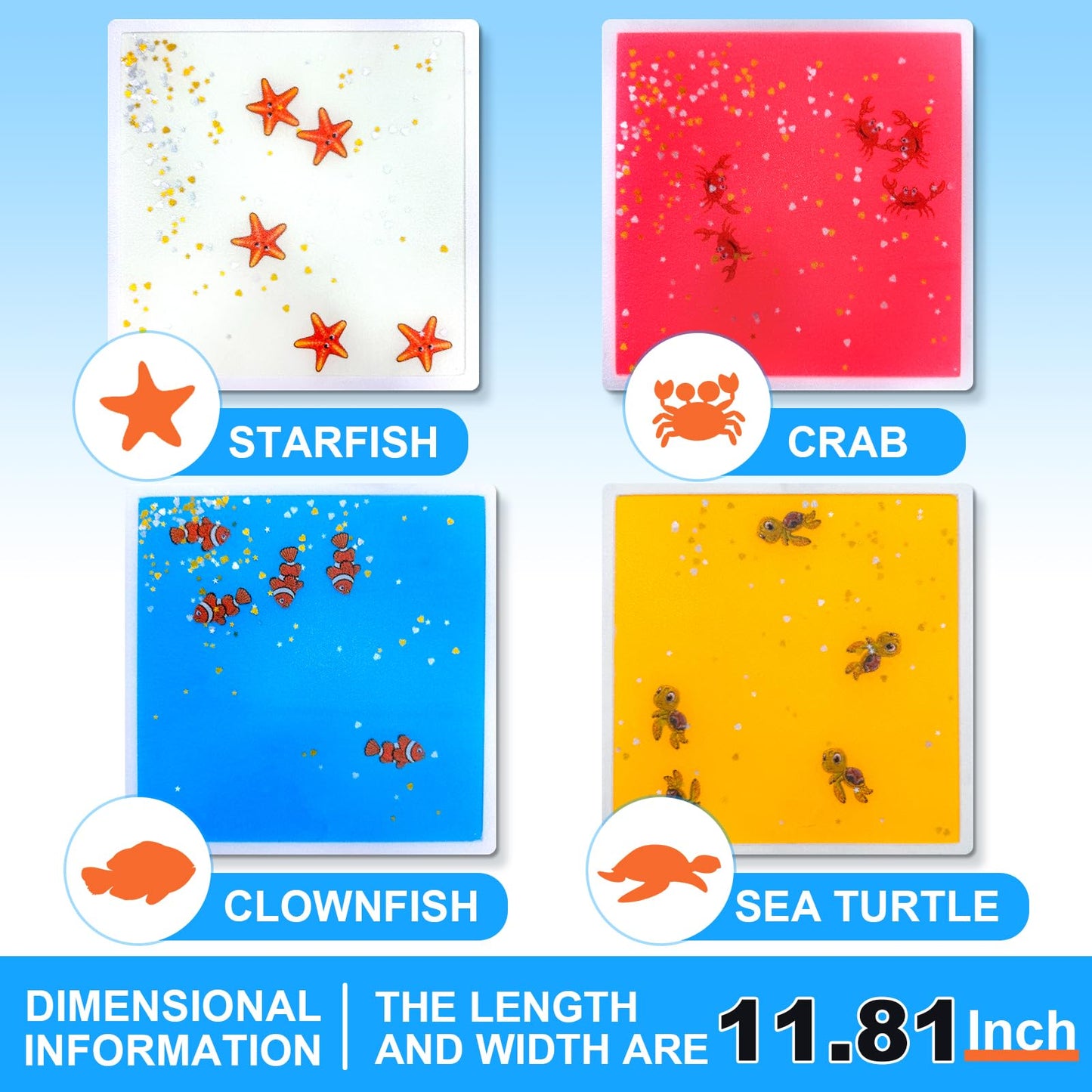 Onyoloy Kids Sensory Liquid Tiles: 11.8" X 11.8", Set of 4 Square Liquid Fusion Activity Playmats with Different Glow-in-The-Dark Colors for Baby, Toddler and Kids Gym, Nursery, Playroom.