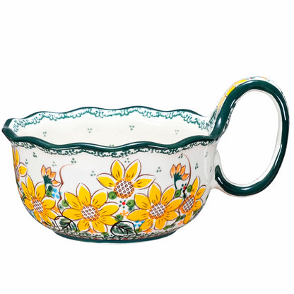 silesia Handmade Ceramic Soup Bowl, 30 oz Hand Painted Bowl with Loop Handle, Floral Design Cereal Bowl for Soup, Ice cream, Snack, Microwave & Dishwasher Safe (Sunflower)
