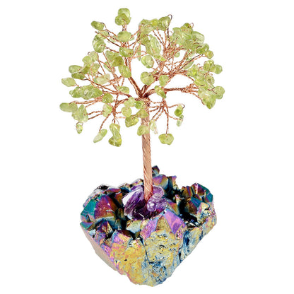 mookaitedecor Peridot Crystal Tree on Rainbow Titanium Crystal Cluster Stone Base Money Tree of Life for Good Luck Table Decoration 4.5-5.7 Inches