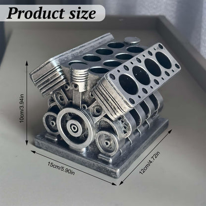 Tizee V8 Engine Model Pen Pencil Holder - Creative Desk Organizer for Home Office| Resin Desktop Stationery Storage with Compartments | Gift for Car Enthusiasts, Mechanics, and Engineers (Silvery-A)