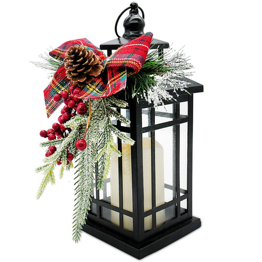 Christmas Decorative Lantern w/LED Flickering Flameless Candle - 14 Inch, Antiqued Vintage Lantern with Xmas Ornament for Outside Indoor Table Holiday Party Decoration