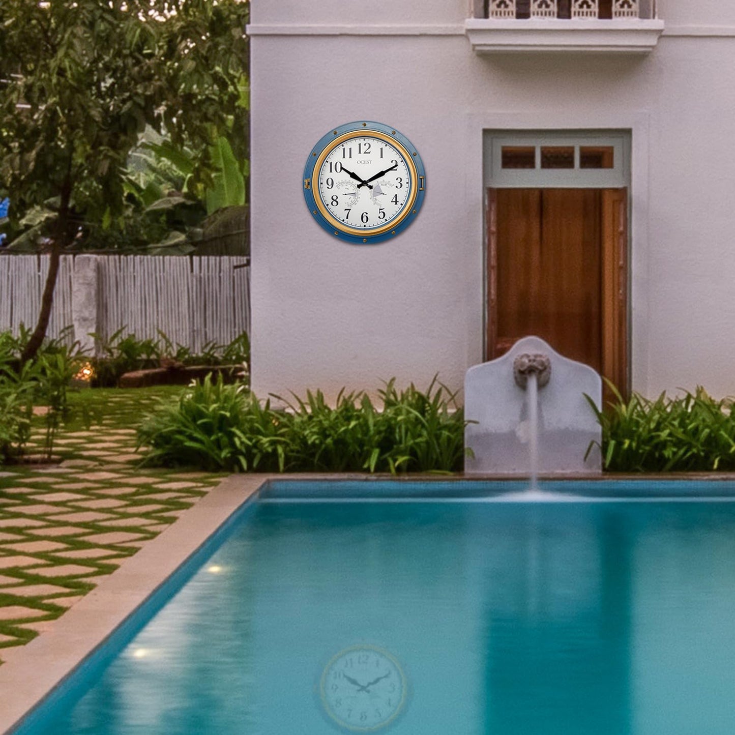 OCEST 16 Inch Indoor Outdoor Clock, Waterproof Wall Clock with Thermometer Hygrometer, Silent Non-Ticking Battery Operated Decor for Home Decor, Patio(Blue)
